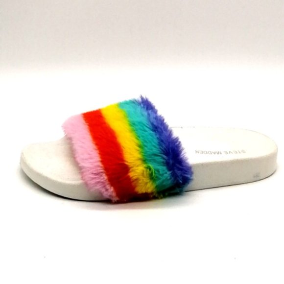 Steve Madden Womens Softy Flat Heel Slide Slipper‎ Faux Fur Rainbow Colors Sz 8 - Picture 1 of 9